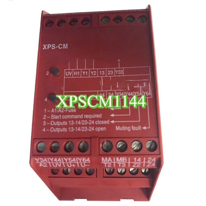 Schneider Electric XPSCM1144 safety relay, red enclosure with terminal blocks. Featured on the Preventa XPS range.