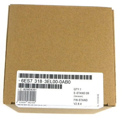 Siemens S7-300 PLC module packaging box, 6ES7 318-3EL00-0AB0, with barcode and product details.