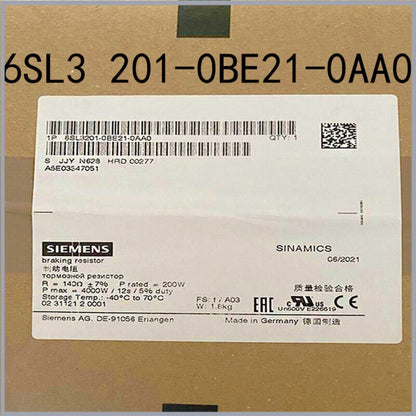 Siemens SINAMICS 6SL3201-0BE21-0AA0 braking resistor. Industrial automation component, Made in Germany.