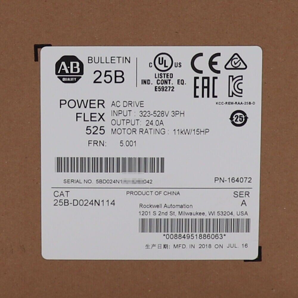 Allen-Bradley PowerFlex 525 AC Drive label, 11kW 15Hp, 25B-D024N114, new Factory Sealed