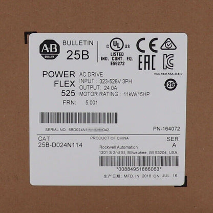 Allen-Bradley PowerFlex 525 AC Drive label, 11kW 15Hp, 25B-D024N114, new Factory Sealed