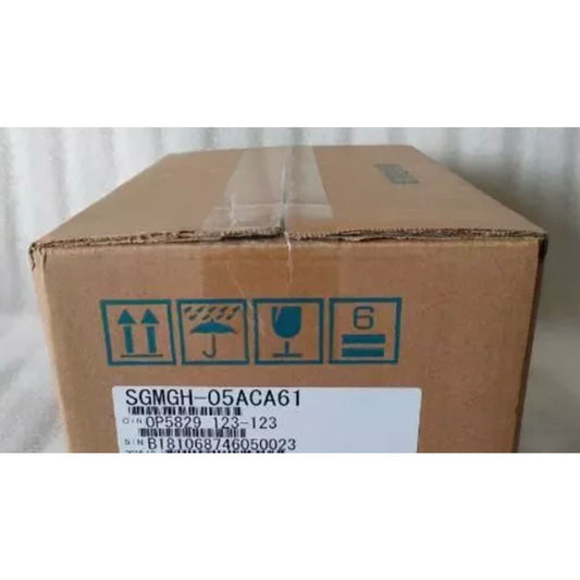 YASKAWA SGMGH-05ACA61 Servo Motor box, brown cardboard packaging, product details visible.