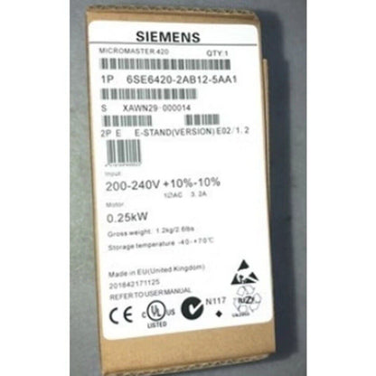 Siemens MICROMASTER 420 drive, model 6SE6420-2AB12-5AA1, industrial automation component.