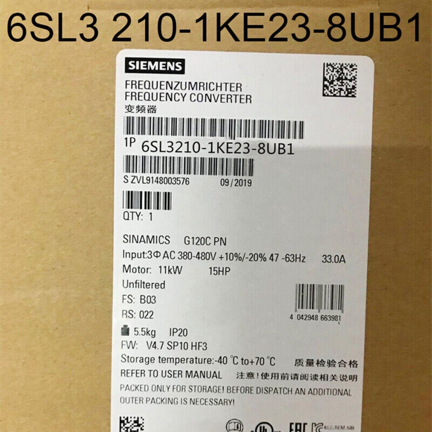 PLC | Siemens | 6SL3 210-1KE23-8UB1 6SL3210-1KE23-8UB1 SINAMICS G120C18.5KW Inverter