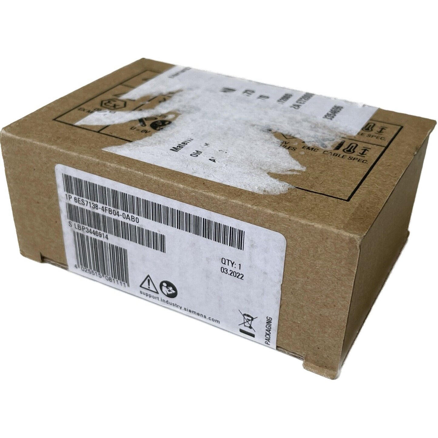 Siemens ET 200S digital output module box with product information label. 6ES7138-4FB04-0AB0 model.