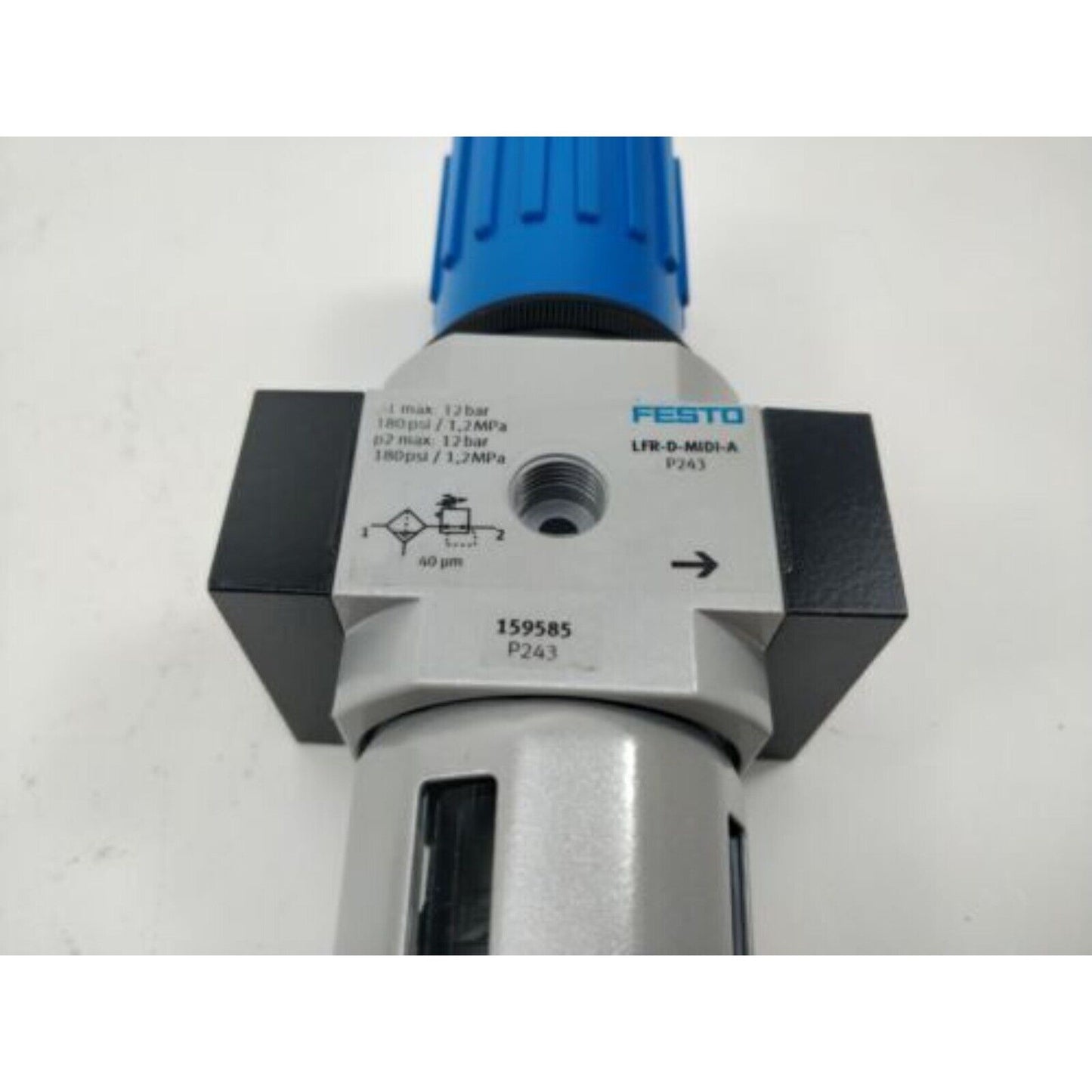 Festo LFR-1/2-D-MIDI-A filter regulator with blue knob, industrial automation part, black and gray component
