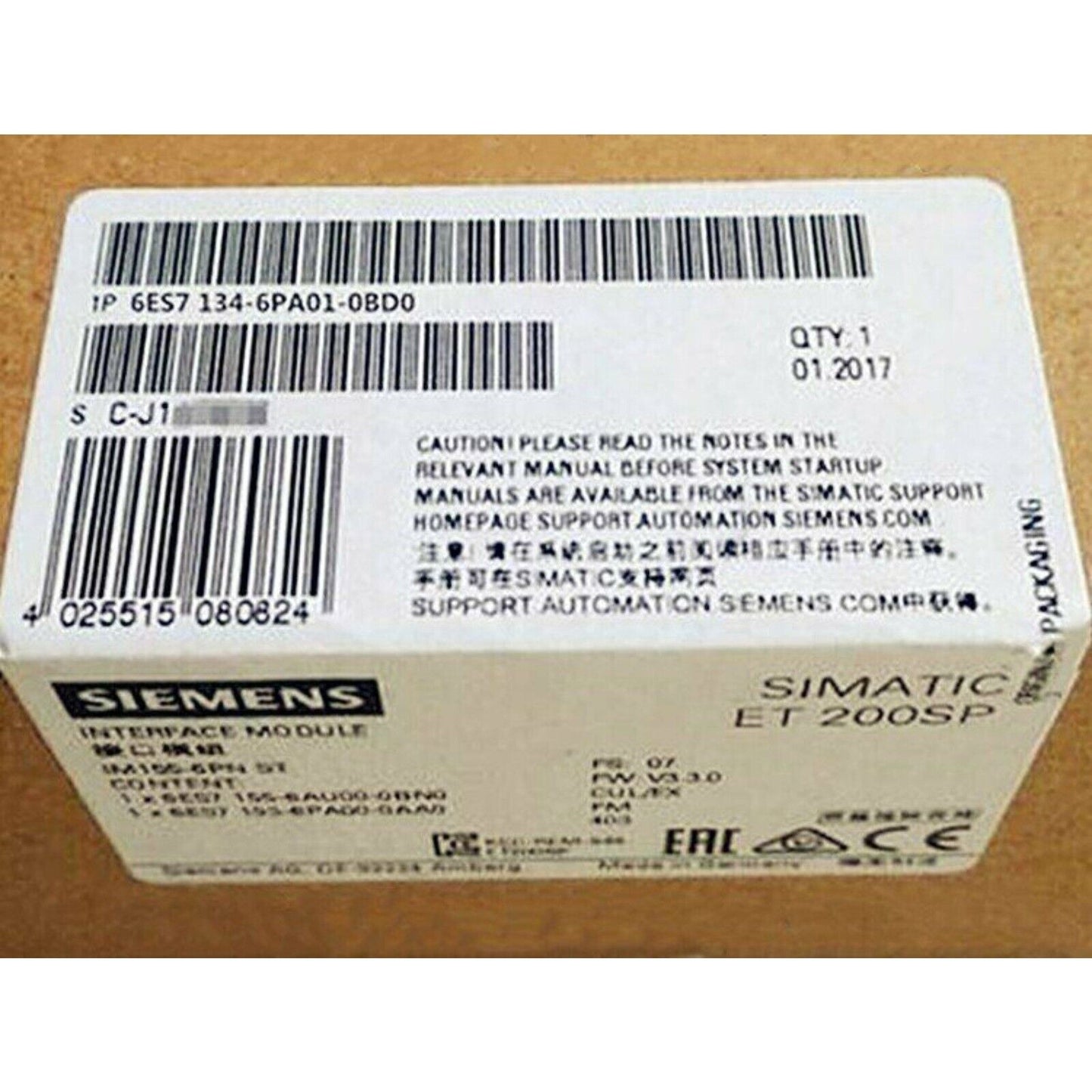 Siemens SIMATIC ET 200SP Analog Input Module, model 6ES7134-6PA01-0BD0, industrial automation part, packaged.