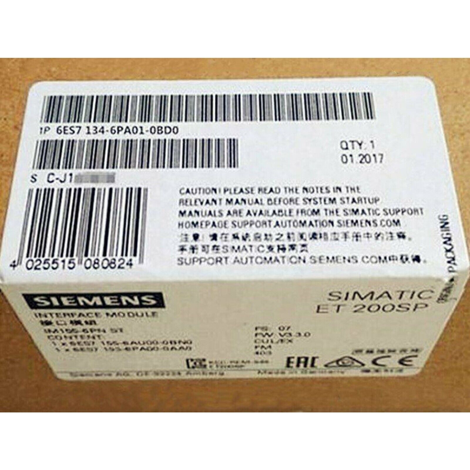Siemens SIMATIC ET 200SP Analog Input Module, model 6ES7134-6PA01-0BD0, industrial automation part, packaged.