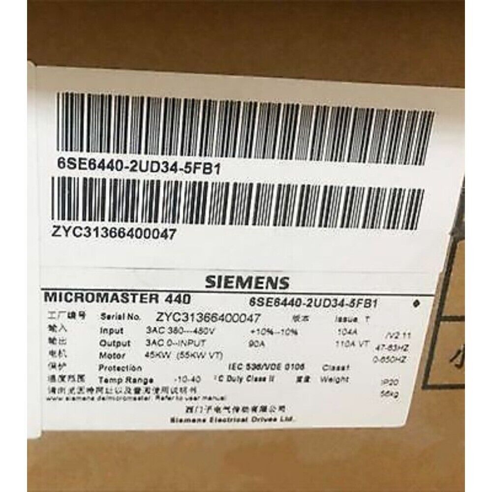Siemens MICROMASTER 440 drive label with model number 6SE6440-2UD34-5FB1, industrial automation part