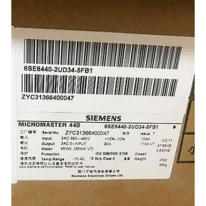 Siemens MICROMASTER 440 drive label with model number 6SE6440-2UD34-5FB1, industrial automation part