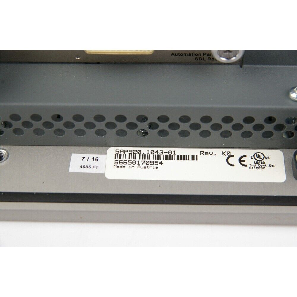 B&R 5AP920.1043-01 panel label, detail view. Part number, serial, Made in Austria. Industrial automation part.