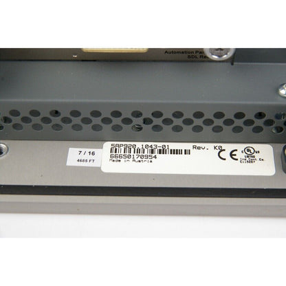 B&R 5AP920.1043-01 panel label, detail view. Part number, serial, Made in Austria. Industrial automation part.