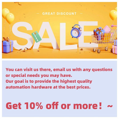 Automation hardware sale: 10% off or more. Gift boxes, alarm clock, shopping cart on yellow background.