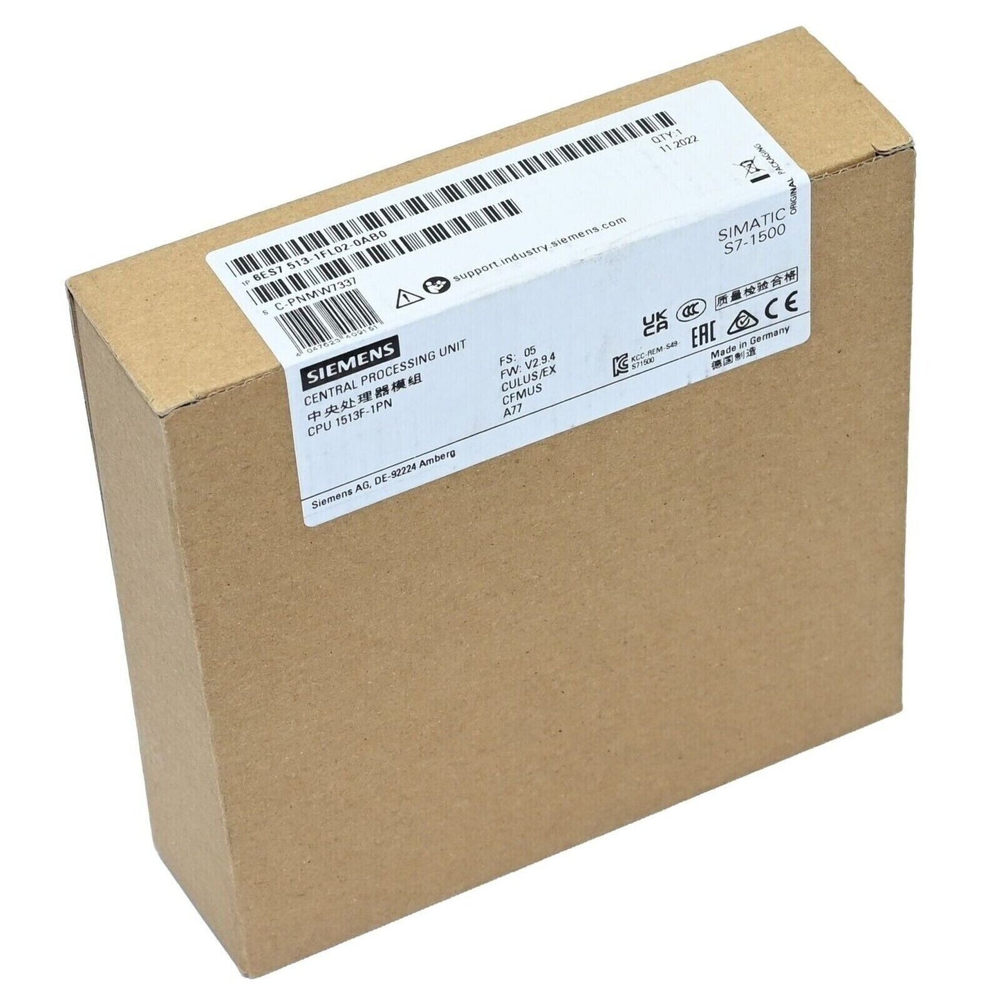 Siemens SIMATIC S7-1500 CPU 1513F-1PN PLC in its original packaging. Model 6ES7 513-1FL02-0AB0.