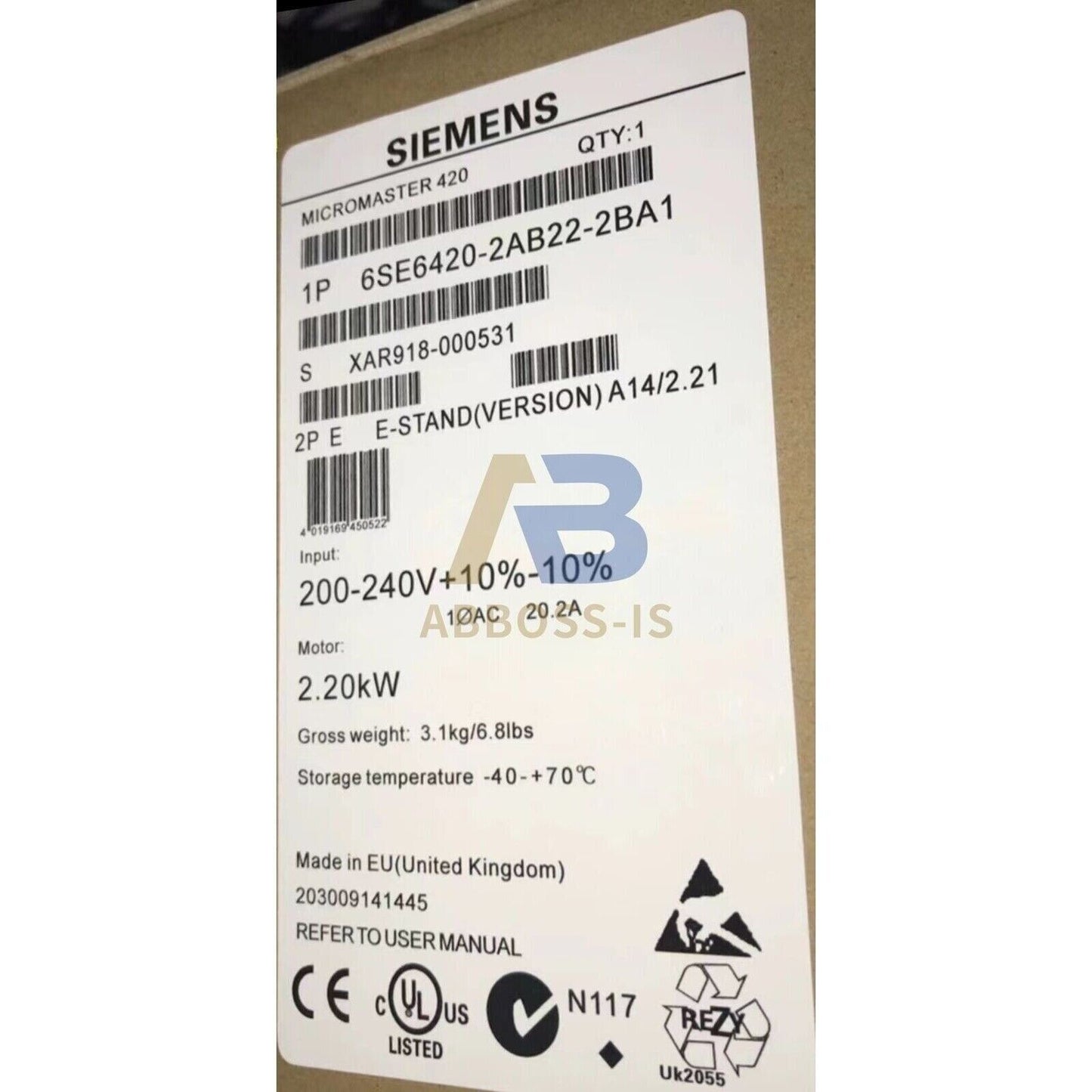 Siemens MICROMASTER 420 drive, model 6SE6420-2AB22-2BA1, 2.2kW industrial automation part.