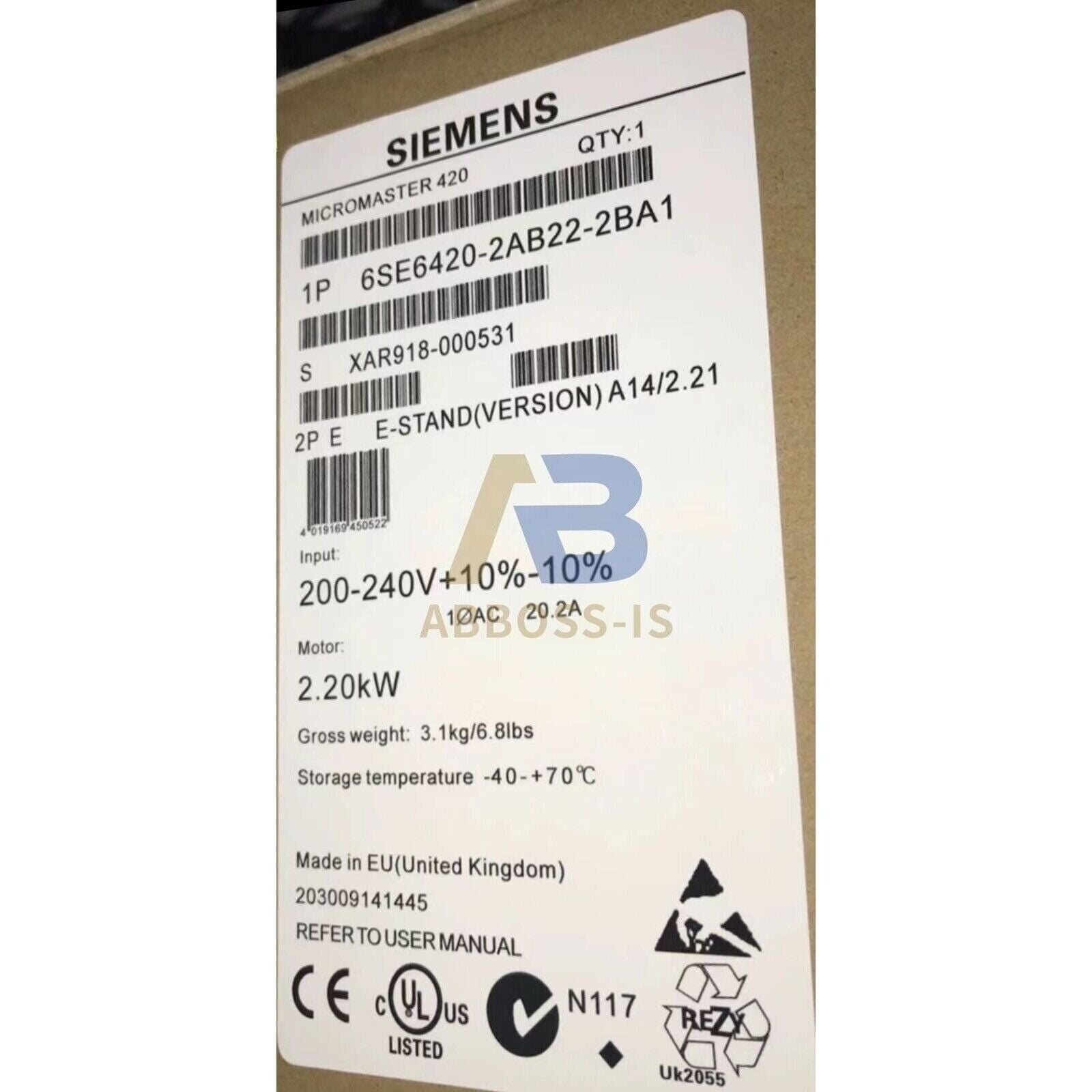 Siemens MICROMASTER 420 drive, model 6SE6420-2AB22-2BA1, 2.2kW industrial automation part.