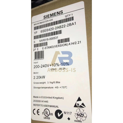 Siemens MICROMASTER 420 drive, model 6SE6420-2AB22-2BA1, 2.2kW industrial automation part.