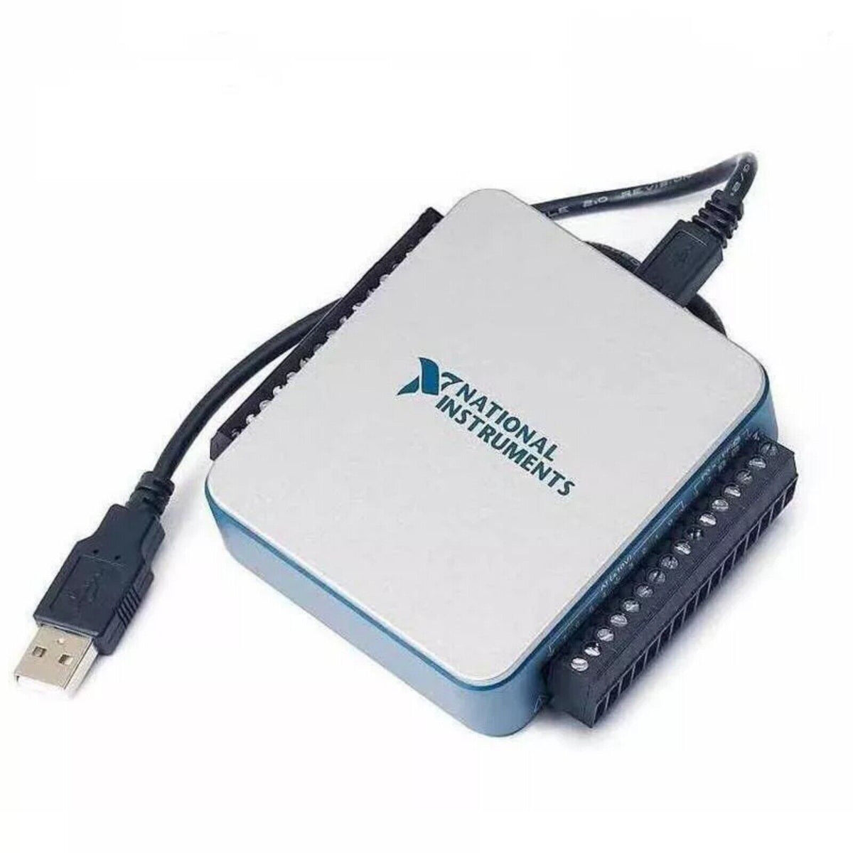 National Instruments USB-6000 Multifunction I/O device, white and blue enclosure, with USB cable and terminal block.
