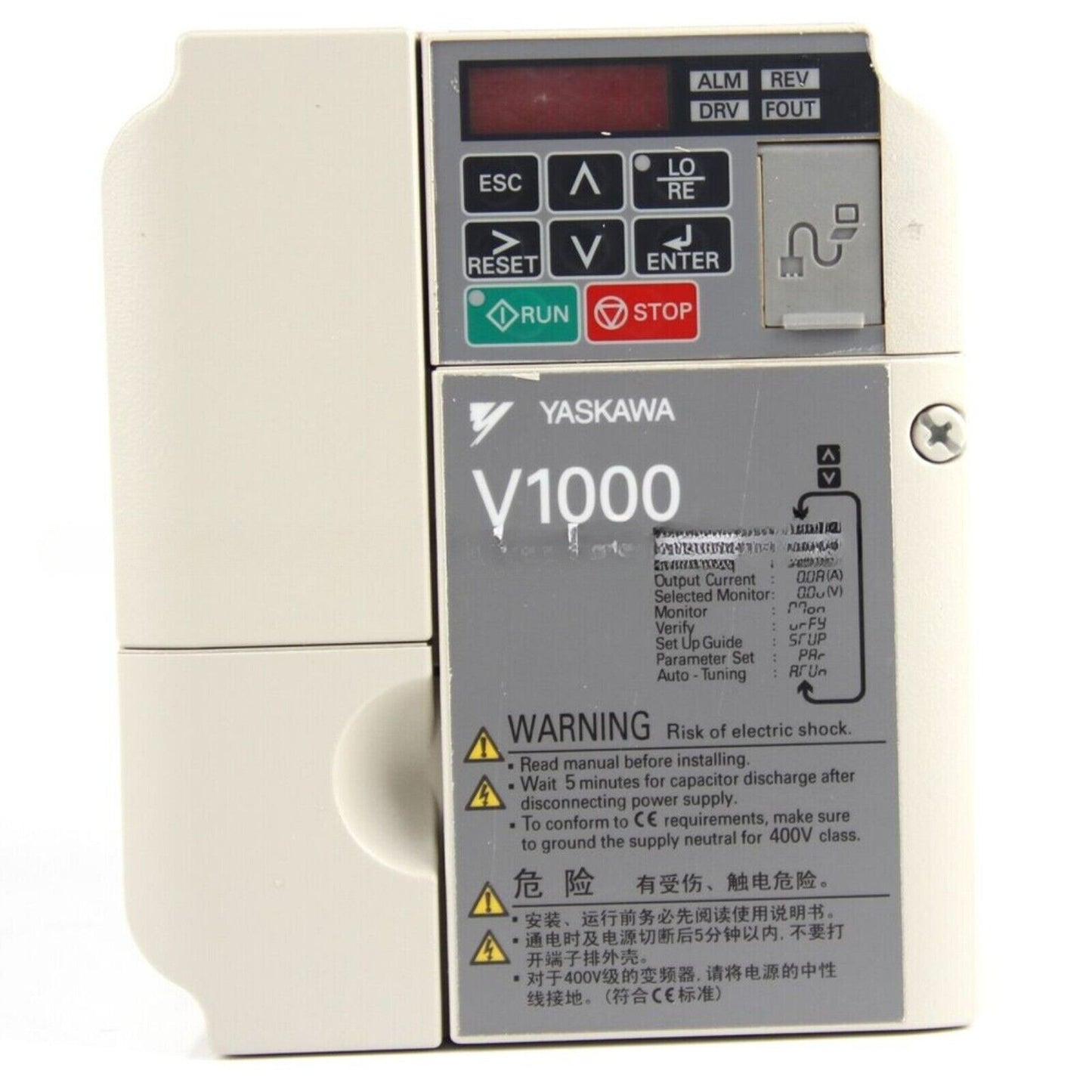 Yaskawa V1000 Variable Frequency Drive, industrial automation equipment with control panel, suitable for 400V applications.