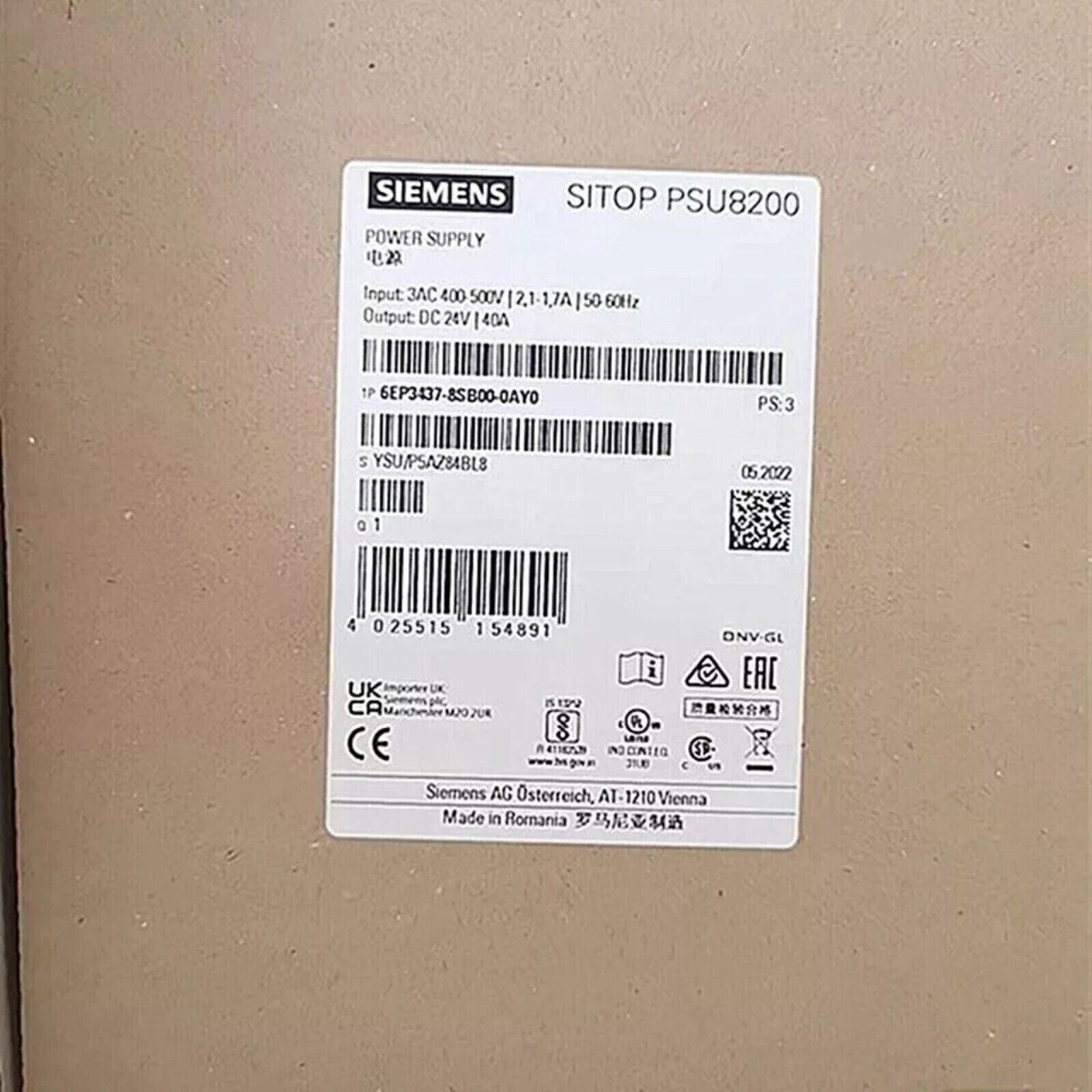 Siemens SITOP PSU8200 power supply label, model 6EP3437-8SB00-0AY0, industrial automation part.