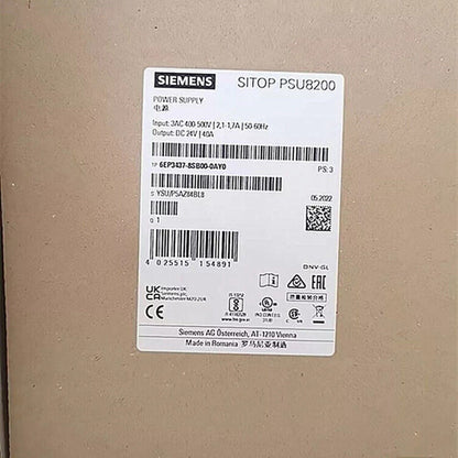 Siemens SITOP PSU8200 power supply label, model 6EP3437-8SB00-0AY0, industrial automation part.