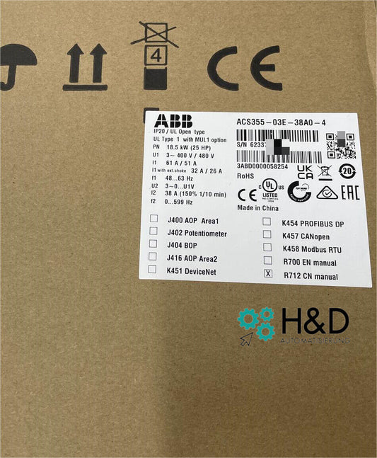 ABB ACS355-03E-38A0-4 Inverter, 18.5kW, IP20, 38A, industrial automation part. Features H&D Automatisierung logo.