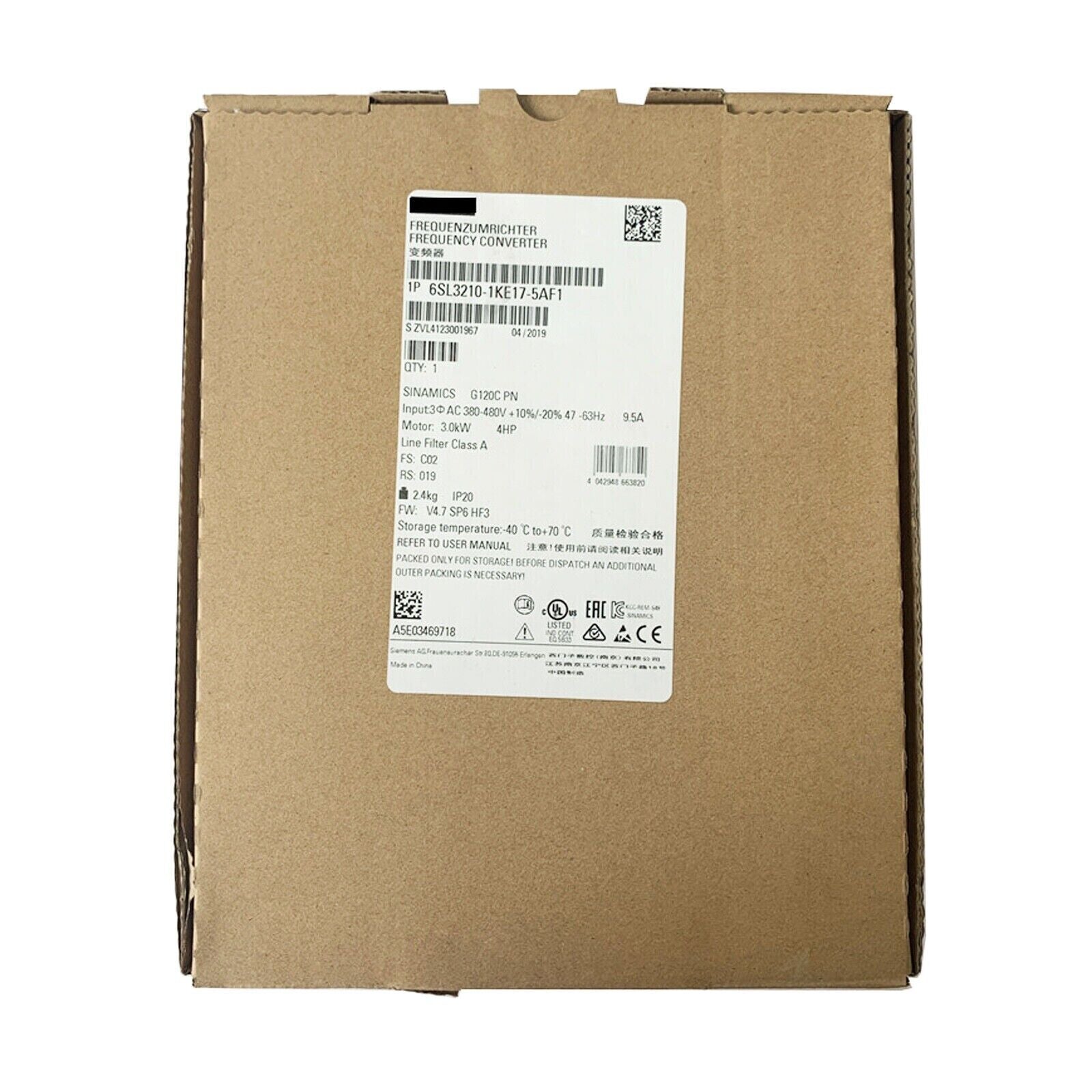 Siemens SINAMICS G120C PN Frequency Converter in box. Model 6SL3210-1KE17-5AF1 for industrial automation.