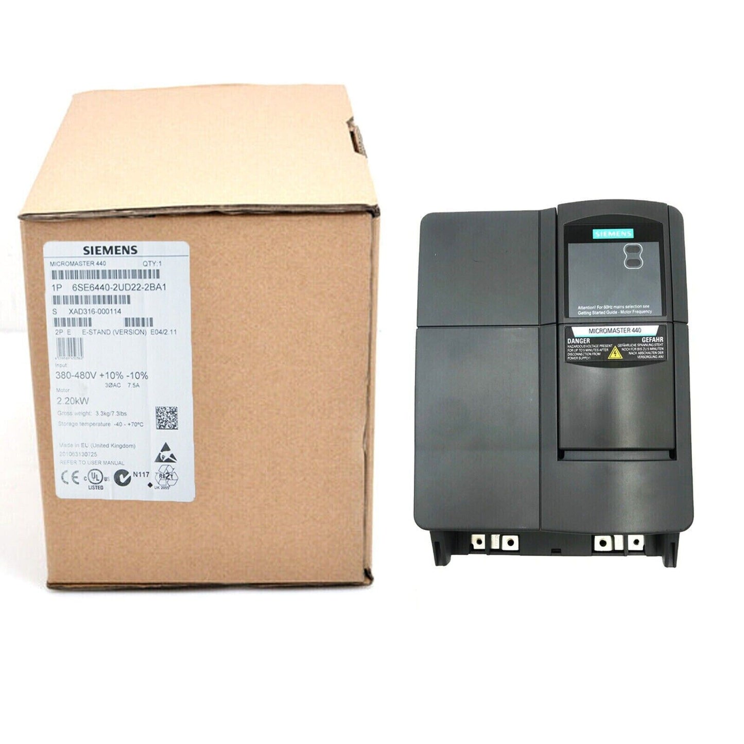 Siemens MICROMASTER 440 drive with packaging. 6SE6440-2UD22-2BA1 industrial automation part.