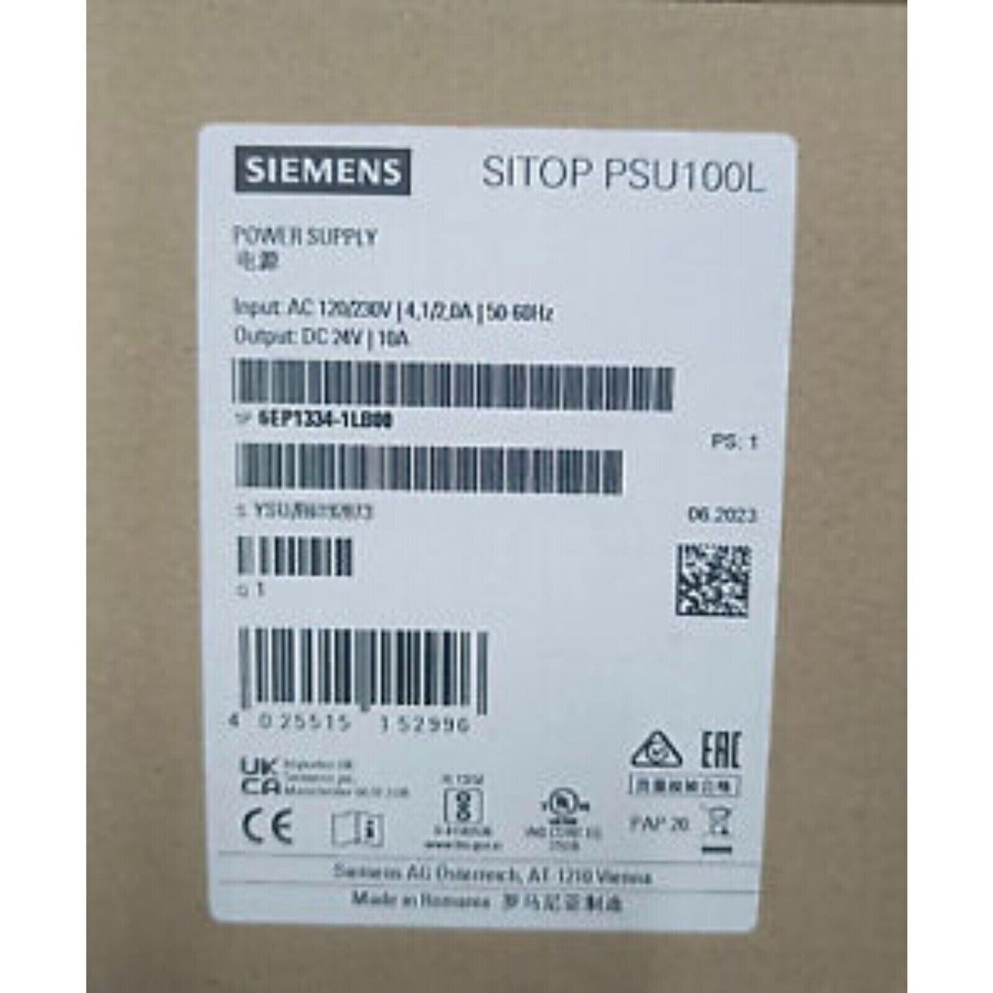 Siemens SITOP PSU100L power supply label, industrial automation equipment, model 6EP1334-1LB00, 24V/10A.