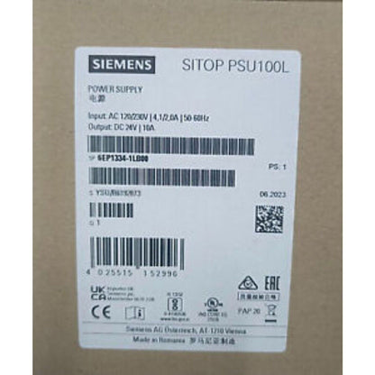 Siemens SITOP PSU100L power supply label, industrial automation equipment, model 6EP1334-1LB00, 24V/10A.