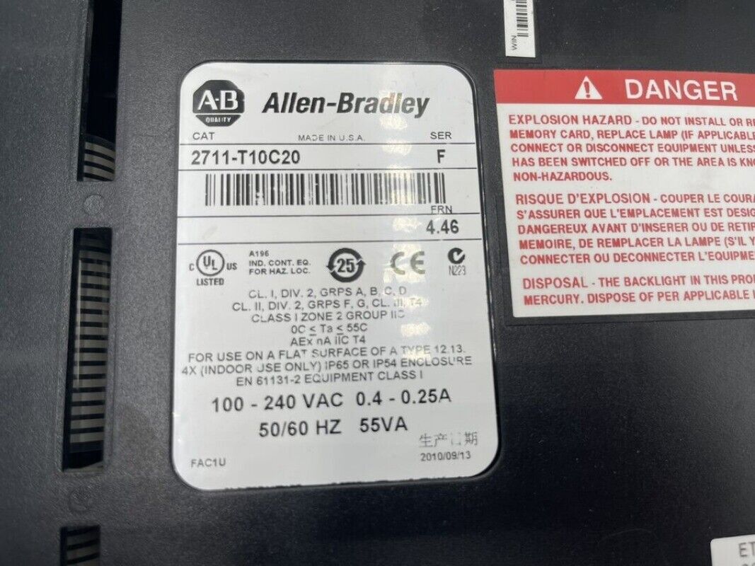 Allen-Bradley 2711-T10C20 label, PanelView Standard Terminal. Industrial automation equipment with safety & technical specs.