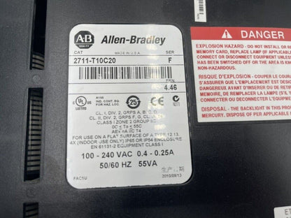 Allen-Bradley 2711-T10C20 label, PanelView Standard Terminal. Industrial automation equipment with safety & technical specs.