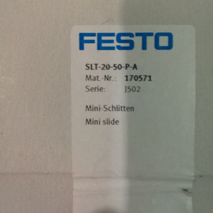 FESTO SLT-20-50-P-A Mini Slide Actuator product label, featuring part number 170571.
