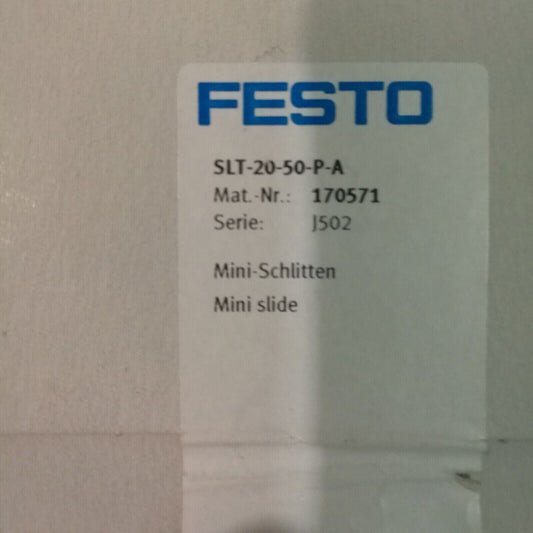 FESTO SLT-20-50-P-A Mini Slide Actuator product label, featuring part number 170571.