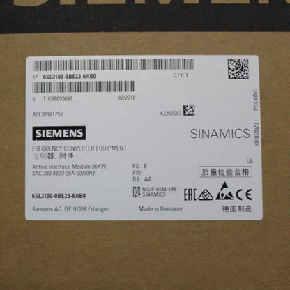 Siemens SINAMICS S120 6SL3100-0BE23-6AB0 Active Interface Module label, industrial automation part.