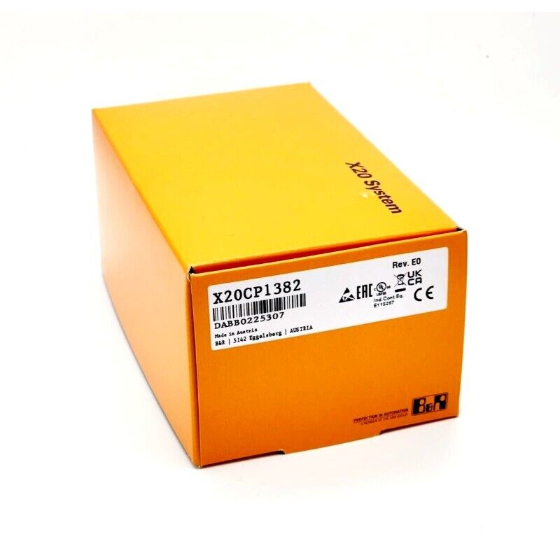 B&R X20CP1382 PLC new in box, orange packaging, industrial automation component.