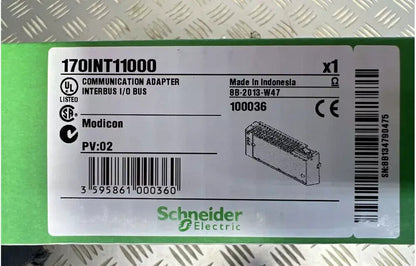 Schneider Electric 170INT11000 PLC module, industrial automation communication adapter with product label and barcode.