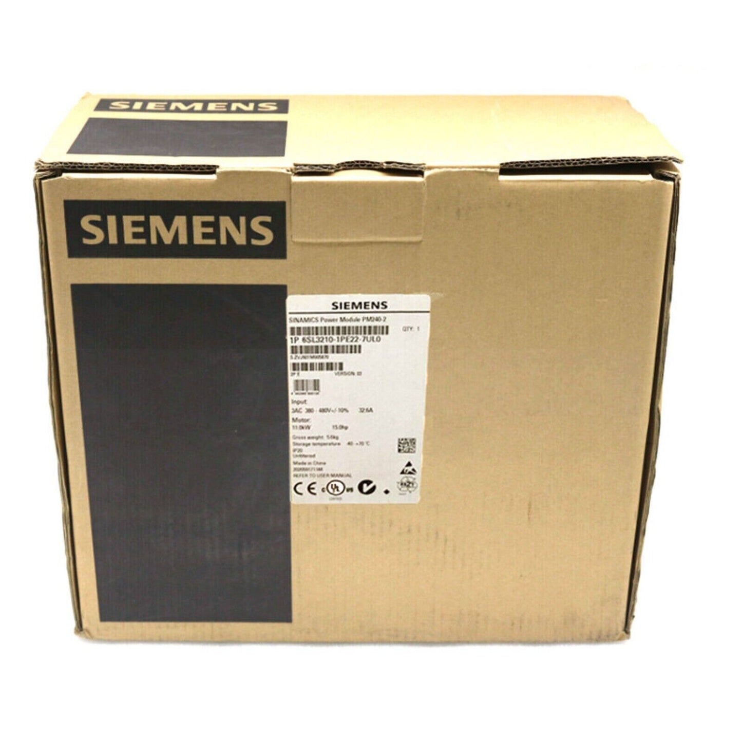 Siemens SINAMICS POWER MODULE PM240-2 in cardboard box, industrial automation part.