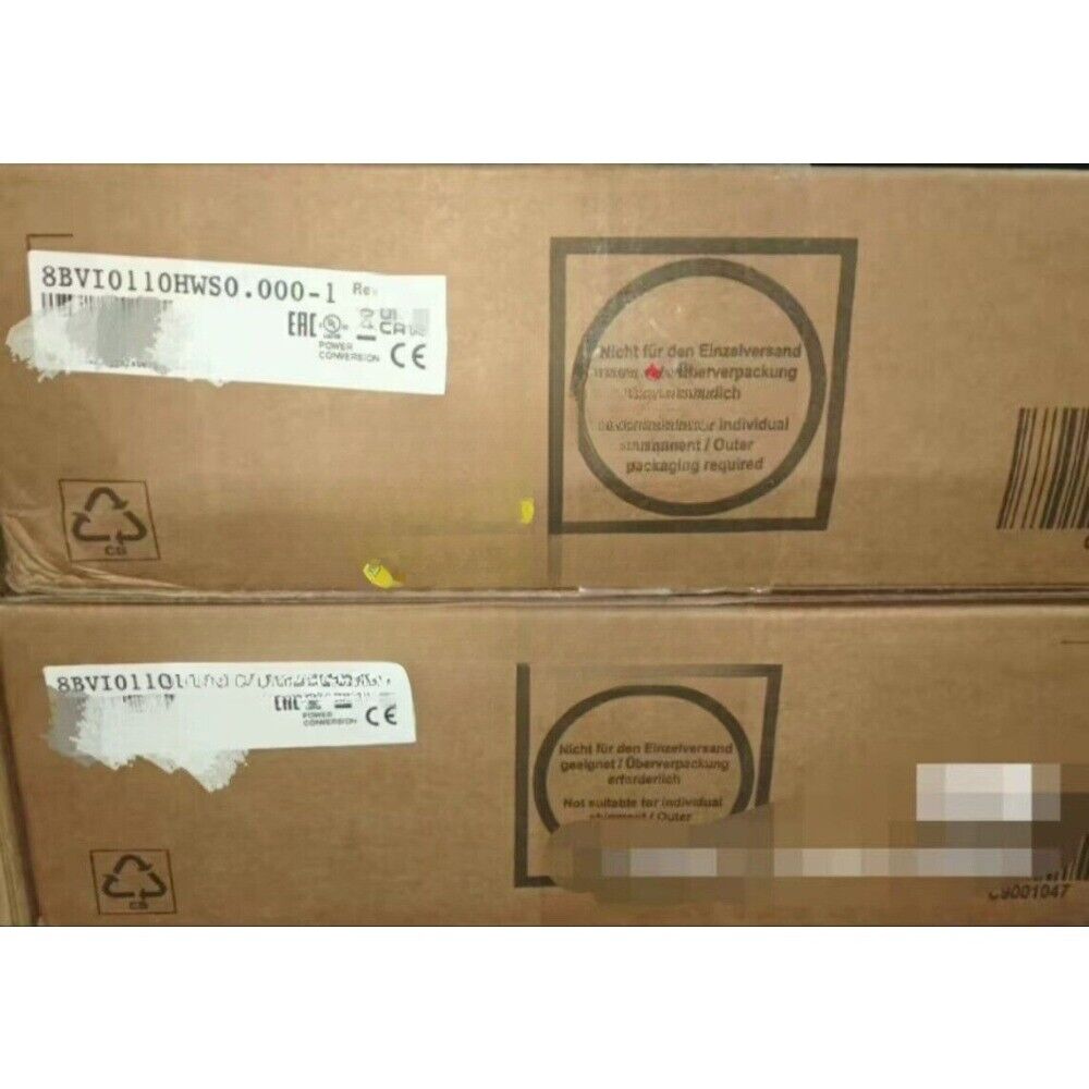 B&R Servo Drive boxes, model 8BVI0110HWS0.000-1, with shipping labels, industrial automation parts.