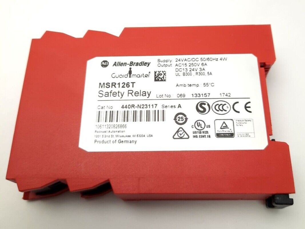 Allen-Bradley MSR126T Guardmaster Safety Relay, 440R-N23117 Series A, red industrial safety component