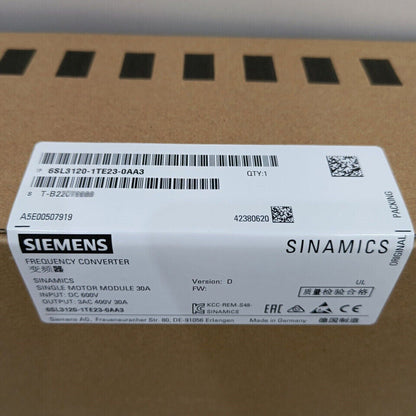 Siemens SINAMICS Single Motor Module 30A, 6SL3120-1TE23-0AA3, industrial automation part, with product label.