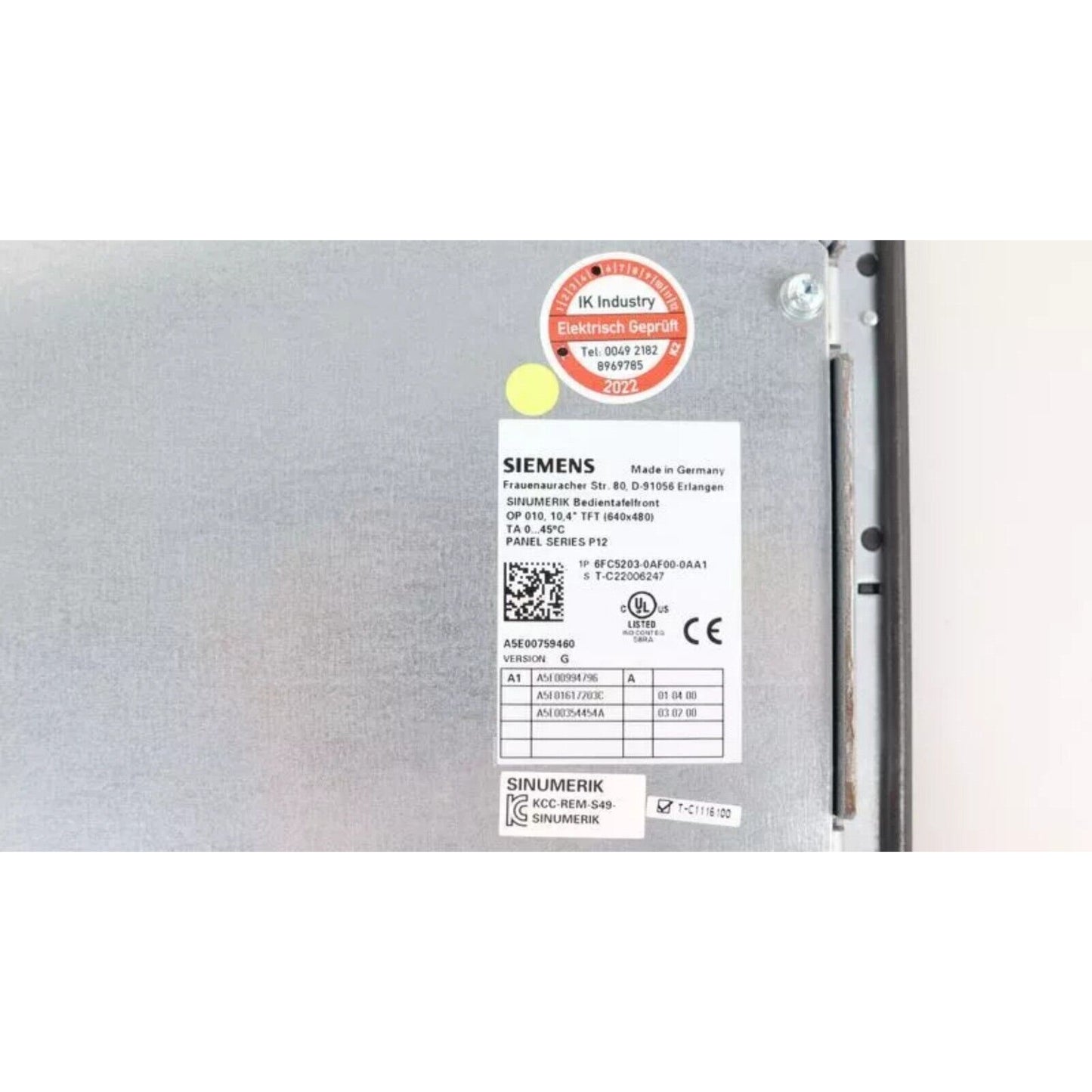 Siemens SINUMERIK Operator Panel 6FC5203-0AF00-0AA1 Back, Industrial Automation Part