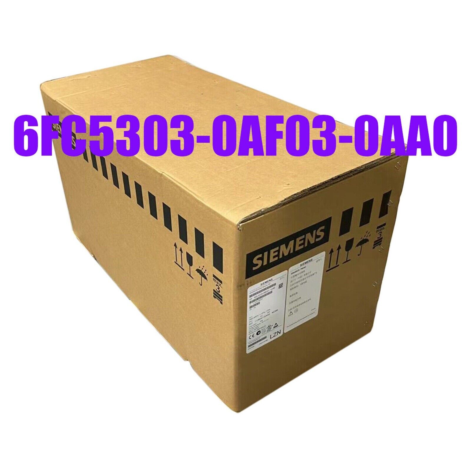 Siemens 6FC5303-0AF03-0AA0 industrial automation part in a cardboard box. PLC module 6FC5 303-0AF03-0AA0.
