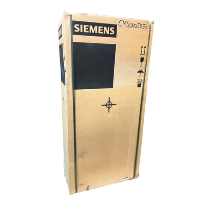 Siemens PLC module shipping box, cardboard container with brand logo and handling symbols. CMS0005350 label on side.