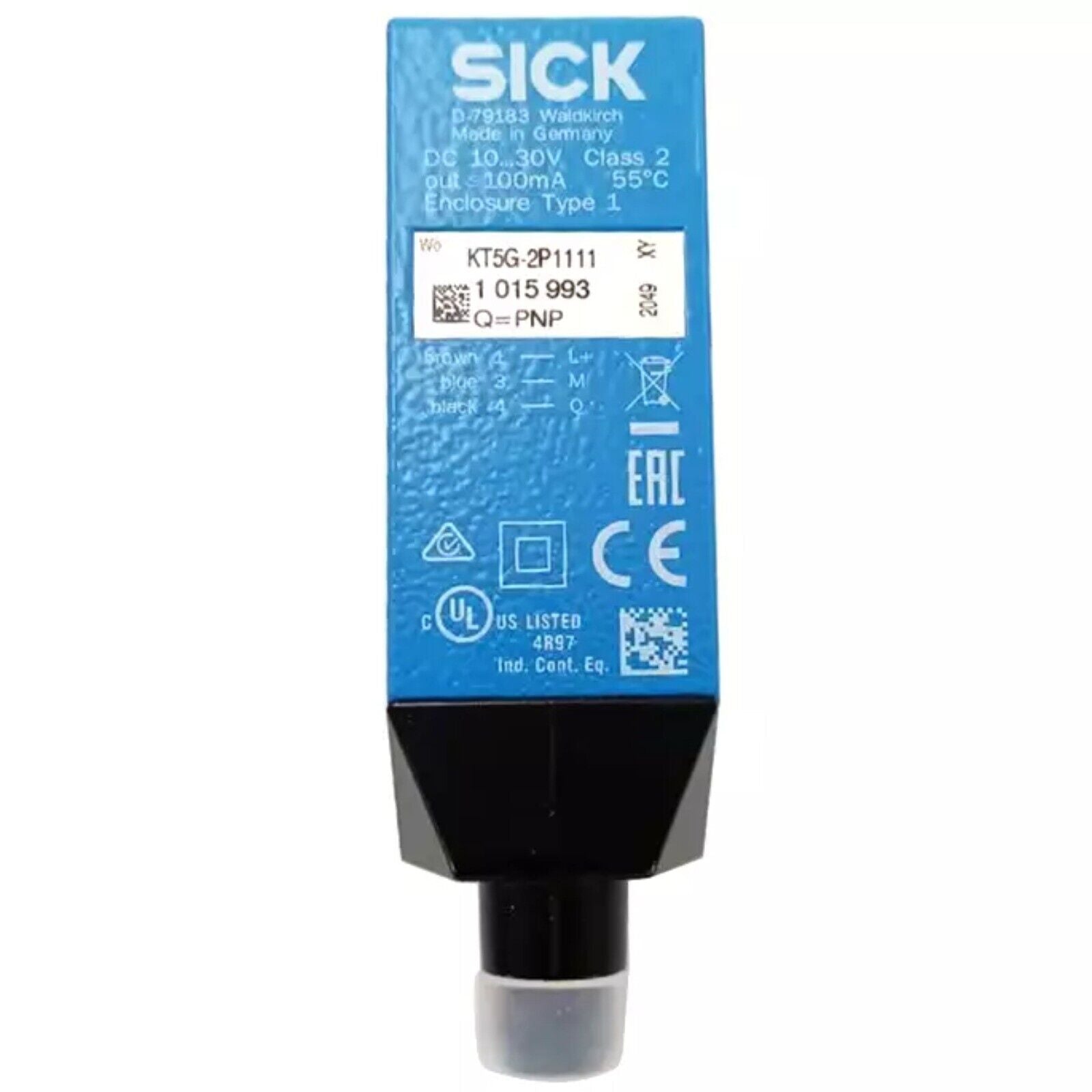 SICK KT5G-2P1111 photoelectric sensor. Blue body, black connector, industrial automation equipment.