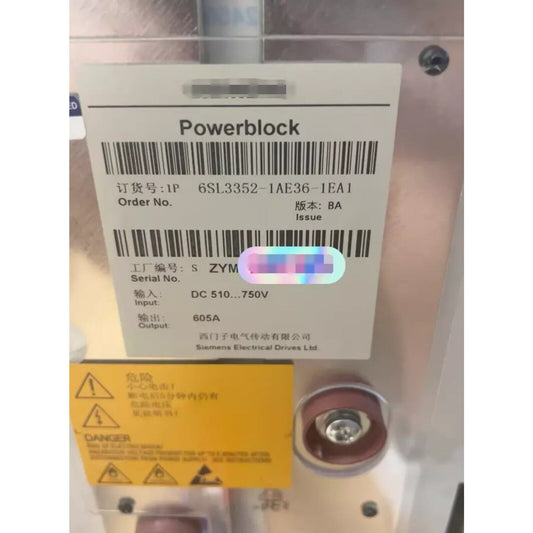 Siemens Powerblock 6SL3352-1AE36-1EA1 with product information label, electrical components.