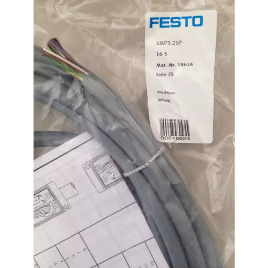 Festo KMP3-25P-16-5 Connecting cable. Gray cable in packaging with product information label.