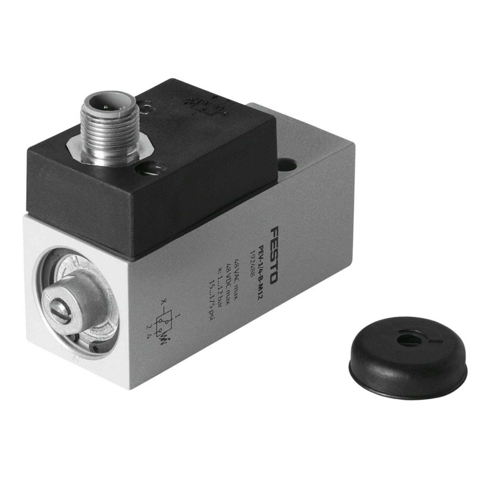 Festo PEV-1/4-B-M12 pressure switch, industrial automation component with specifications: 48 VAC/VDC, 1-12 bar.