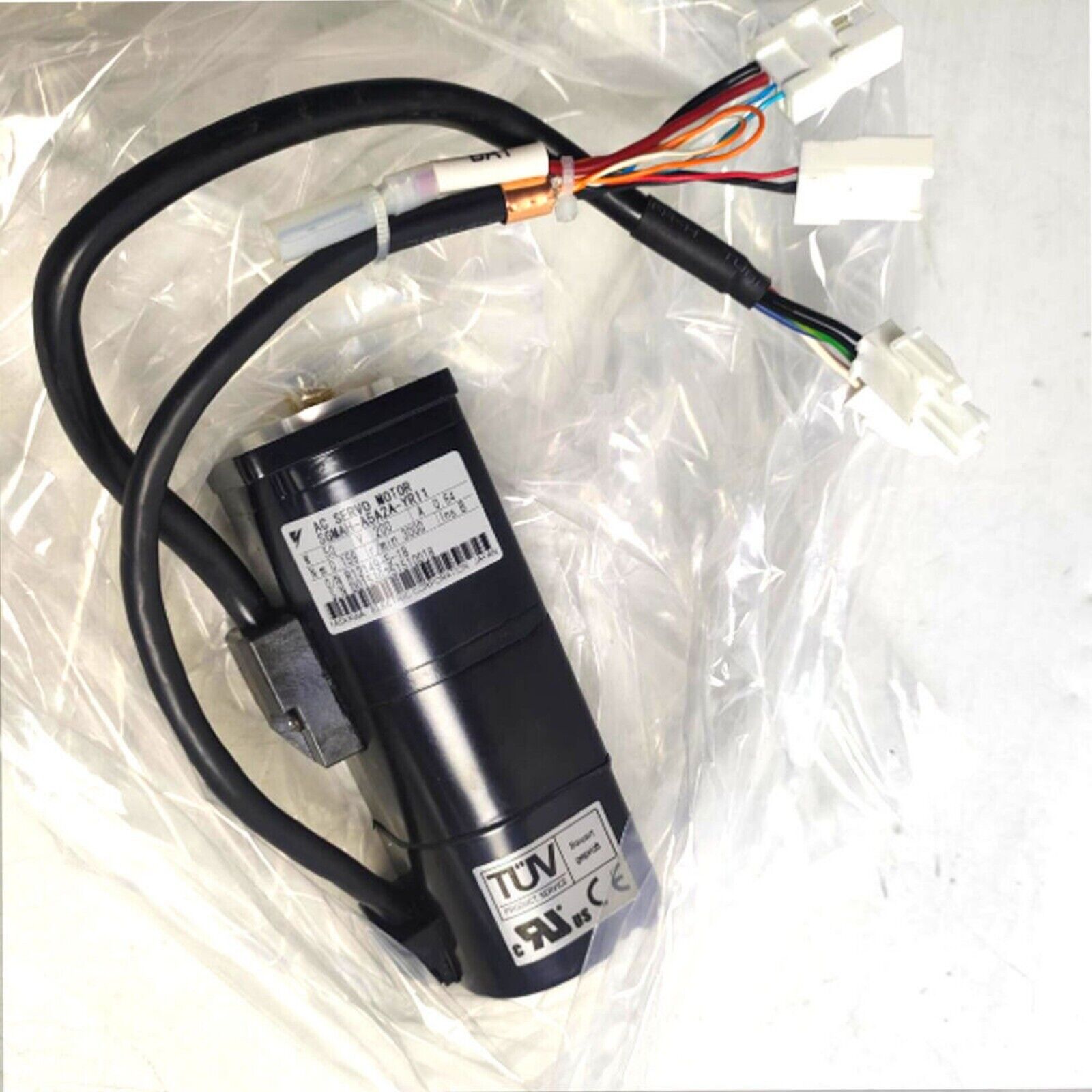 Yaskawa SGMAH-A5A2A-YR11 servo motor, black with wires and connectors, new industrial automation part.