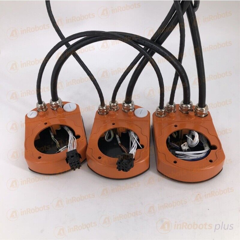 ABB IRB2400 robot body cable components. Orange housings with black cables and connectors. inRobots